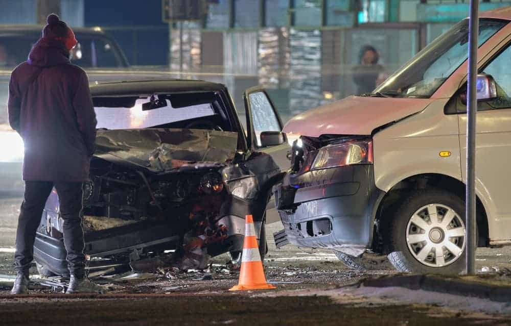 Cars crashed heavily in road accident after collision.