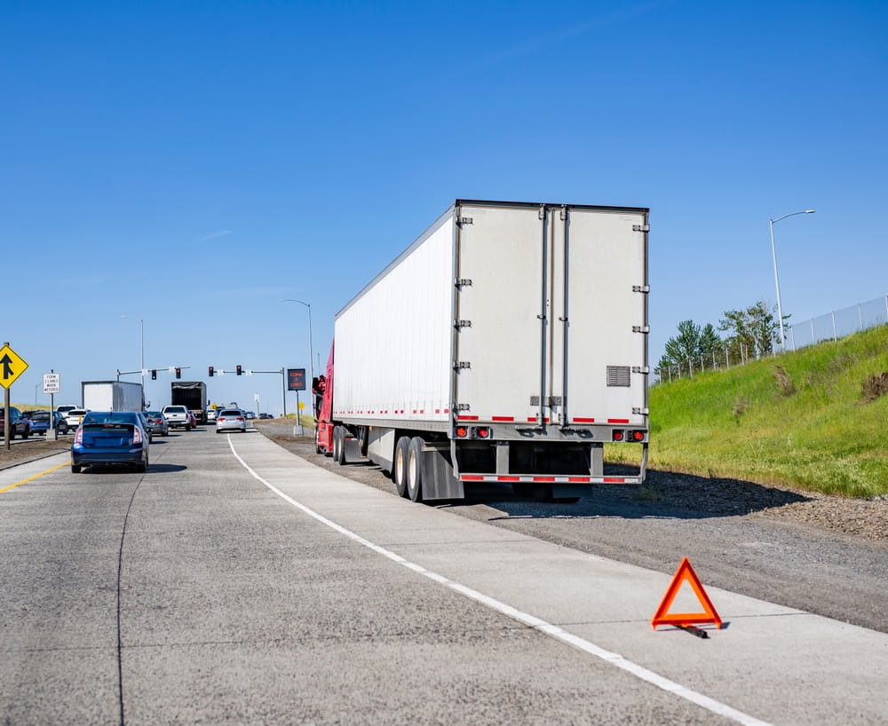 Semi-truck stopped on highway shoulder with emergency warning triangle behind it