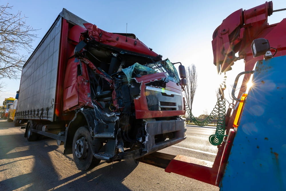 Heavily damaged semi-truck after a serious highway crash
