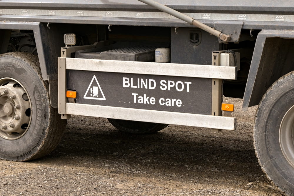 Blind spot warning sign displayed on the side of a commercial truck