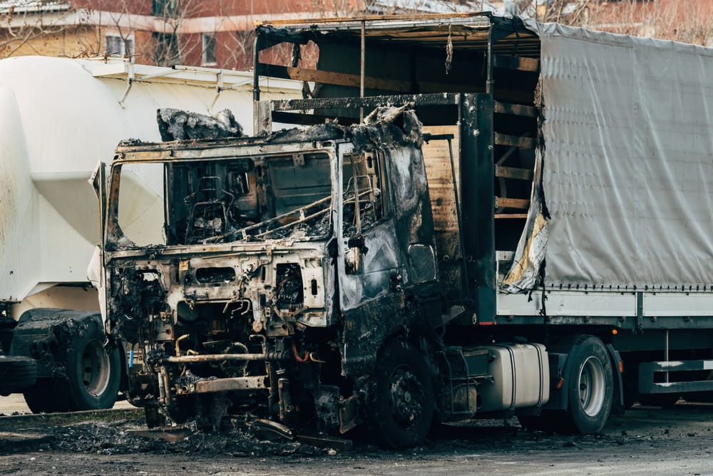 Burned commercial truck after a serious vehicle fire and mechanical failure