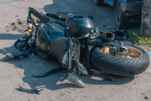 Damaged motorcycle after a serious roadway collision near Camp Pendleton