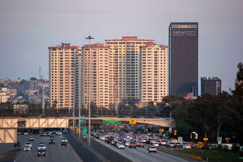 Heavy freeway traffic near the I-5 and Highway 76 interchange in Oceanside, California