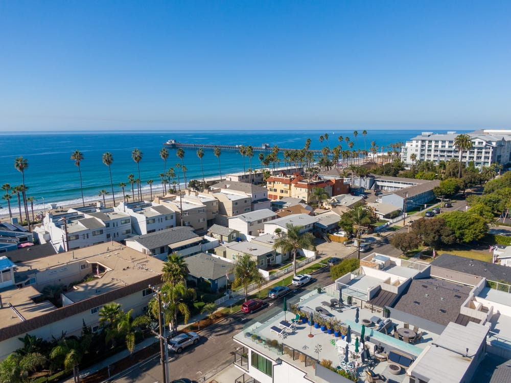 Aerial view of Oceanside California near the Oceanside Transit Center and coastal traffic routes