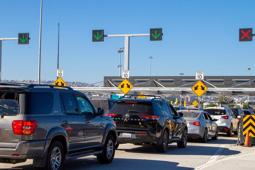 Heavy vehicle traffic at the San Ysidro Port of Entry drop-off lanes near the border crossing